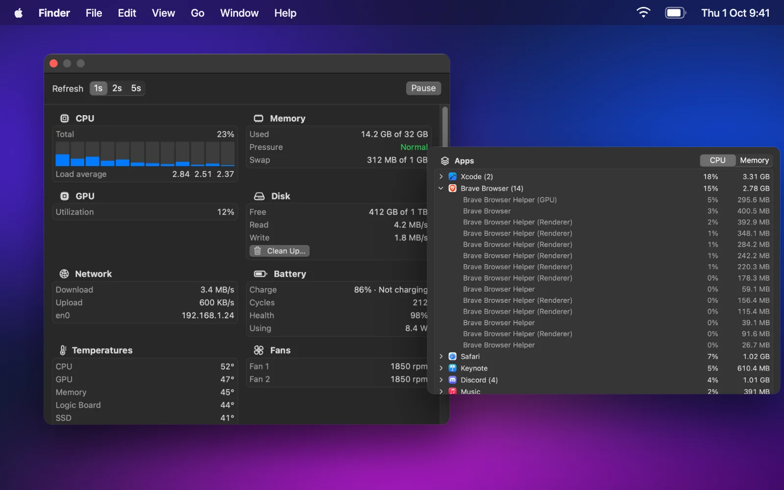 The Stats window with CPU per core, memory, GPU, disk, network, battery, temperatures and fans, beside the Apps list with a browser's helper processes expanded.
