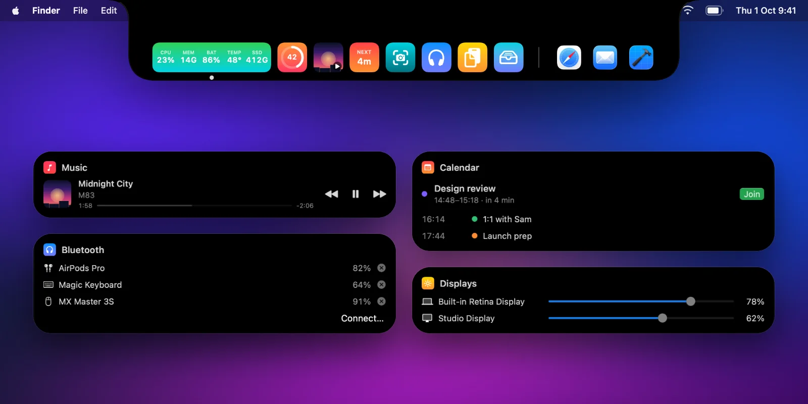 The strip open below the notch, above four cards: Music playing a track, Bluetooth devices with battery levels, the next meeting with a Join button, and brightness sliders for two displays.